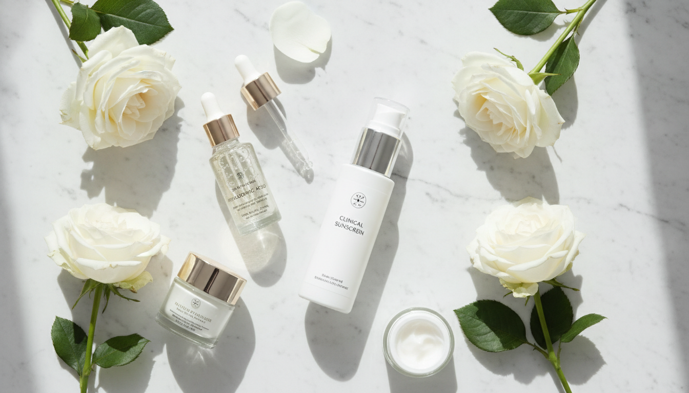 Flat lay of premium skincare products, clinical sunscreen bottle, hyaluronic acid serum, and fresh white flowers on a clean marble surface, bright and airy aesthetic