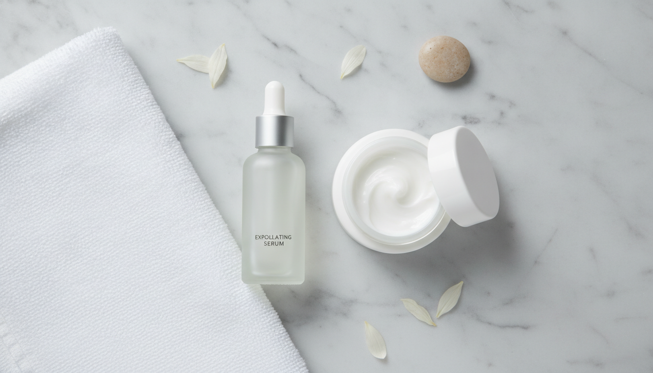 An overhead flat lay of dermatology skin care products, a gentle exfoliating serum, moisturizing cream, and a clean white towel on a light marble surface, bright and minimalist style