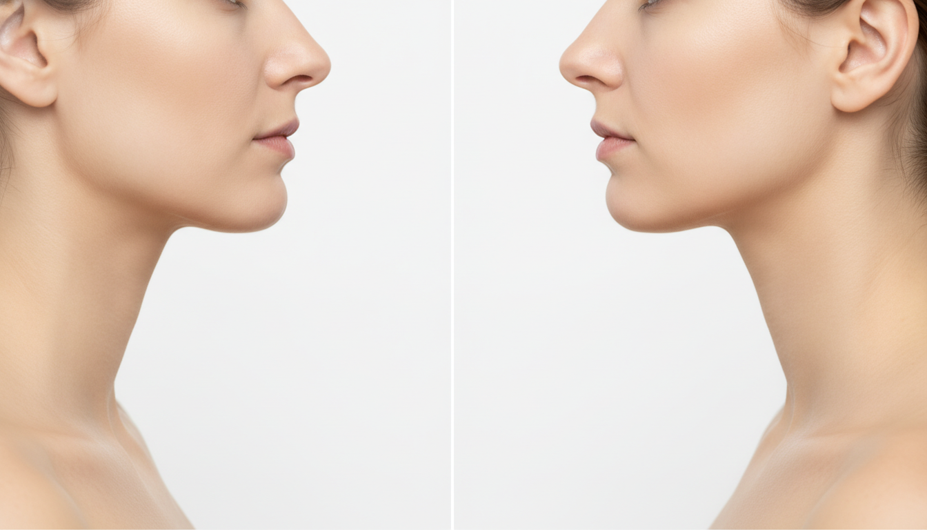 A comparison concept showing a smooth, firm chin and neck area, symbolizing the successful result of non-surgical double chin reduction, clean minimalist background