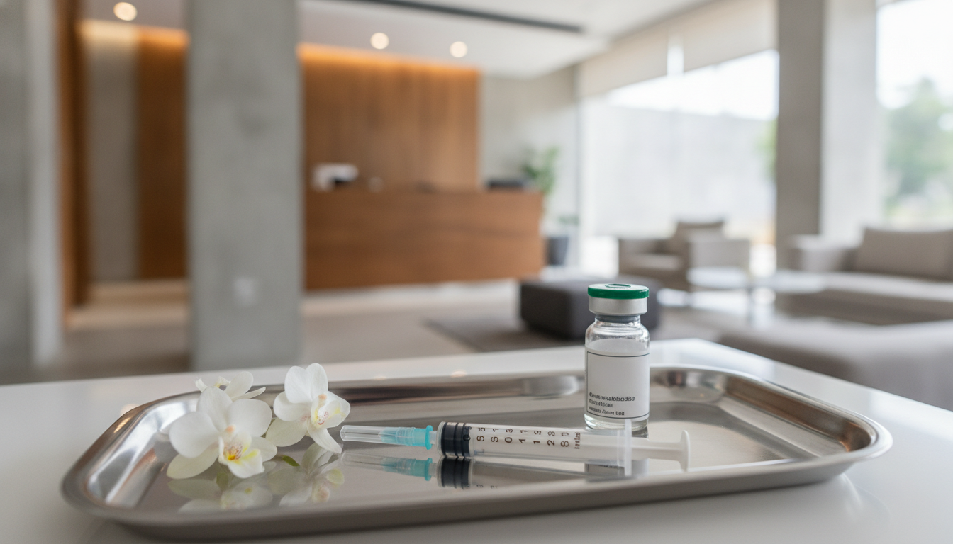 A sterile, modern clinical tray with a syringe of premium dermal filler and a vial of neuromodulator, next to clean white orchids. Soft focus background of a high-end medical clinic in CDMX. Elegant, safe, and professional environment.