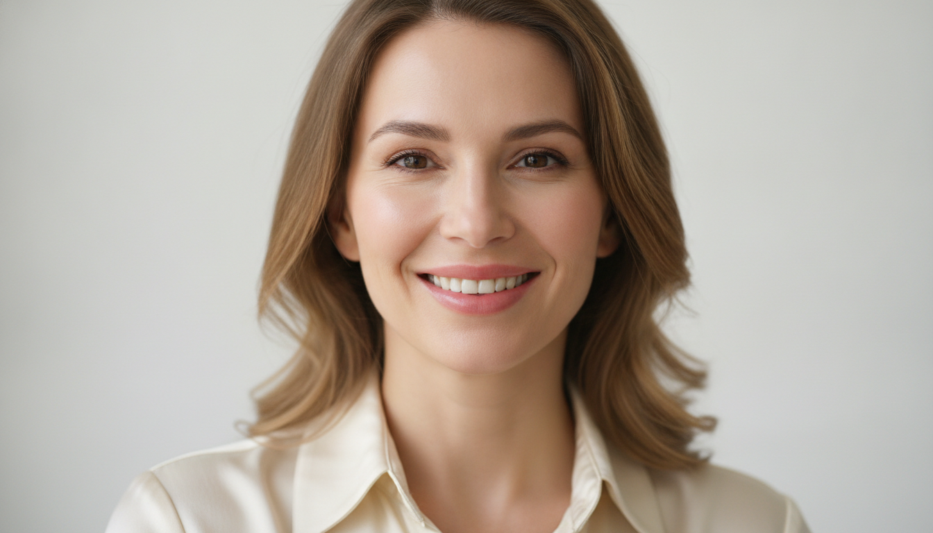 A beautiful woman in her late 30s with glowing, firm, and hydrated skin, smiling softly, showing natural results of non-invasive facial rejuvenation, soft studio lighting, clean background.