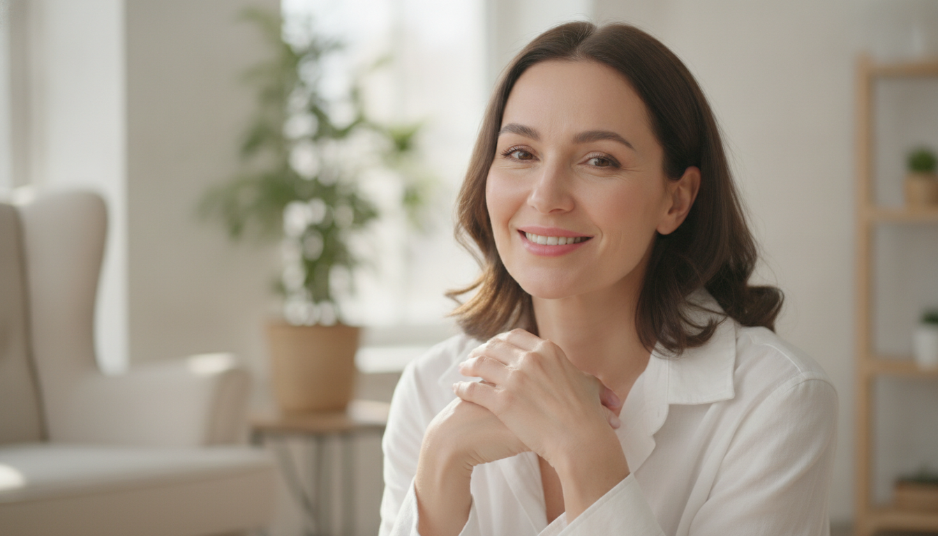 A happy, confident woman with healthy, glowing skin, wearing a soft white cotton top, smiling gently in a bright, naturally lit room, emphasizing comfort and self-care.