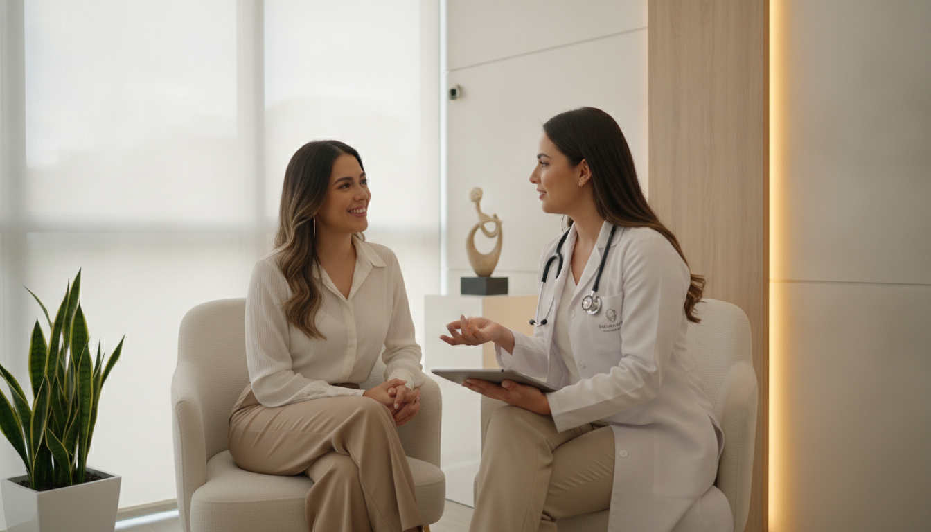 A professional female doctor in a white medical coat consulting with a smiling patient in a modern, bright aesthetic clinic in CDMX, warm, trustworthy, and caring atmosphere.