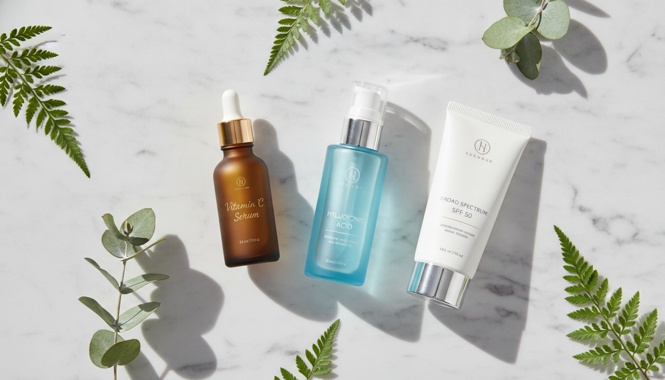 Flat lay of luxury skincare products, including a Vitamin C serum bottle, hyaluronic acid, and sunscreen, arranged on a clean white marble surface with delicate green leaves, bright and airy lighting