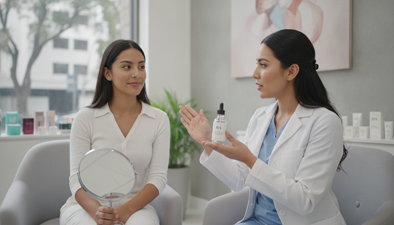 Close-up of a dermatologist in a white coat explaining a skincare routine to a client, showing a bottle of hyaluronic acid, professional and modern clinic interior in CDMX.
