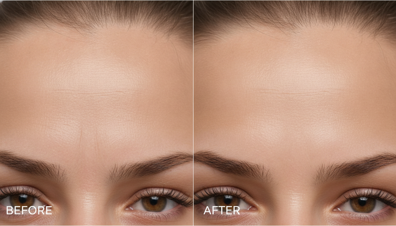 Before and after concept visualization of smooth skin on a forehead, emphasizing natural elasticity, hydration, and youthful appearance, soft focus, professional dermatological aesthetic style