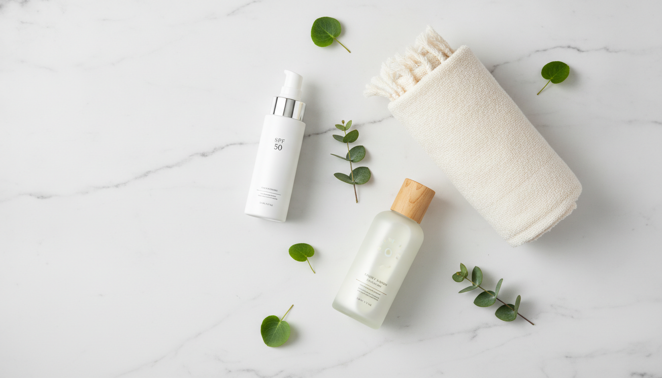A flat lay on a white marble background featuring a bottle of sunscreen SPF 50, a soft cotton towel, a bottle of body lotion, and delicate green leaves, representation of skin care routine.