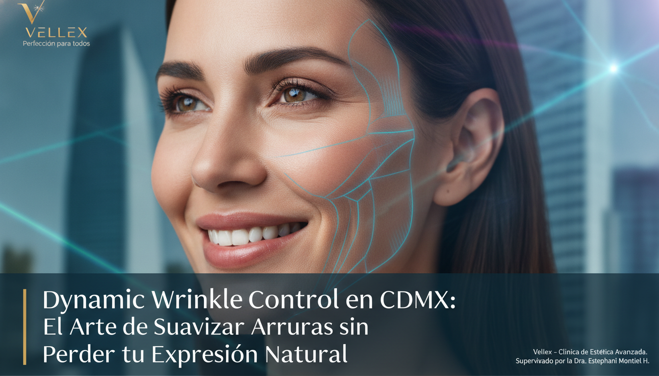 Create a stunning, professional hero image for a blog post titled "Dynamic Wrinkle Control en CDMX: El Arte de Suavizar Arrugas sin Perder tu Expresión Natural". Context: Eres el blog oficial de Vellex — clínica de estética avanzada en Ciudad de México. Nuestro slogan es "Perfección para todos". Estamos respaldados por EvolLaser y bajo supervisión de la Dra. Estephani Montiel H. (Cédula Prof. 08786195, UNAM). SERVICIOS QUE OFRECEMOS: - Depilación láser: Tridiodo (triple longitud de onda), Diodo, IPL (luz pulsada intensa) - Medicina estética (MEDS): Rinomodelación, Signature Lips, Jawline Sculpt, Dynamic Wrinkle Control (neuromodulación/botox), Smart Aging (Baby Botox), Illuminating Gaze (ojeras), Bioestimulación Facial (MERZ Aesthetics), Glass Skin PDRN Salmón, NCTF 135 HA Poli-revitalización - Especialidades: Skin Canvas Reset (despigmentación láser de tatuajes con Q-Switch/Picosegundos), Hair Master (densificación capilar con dermapen + minoxidil + alta frecuencia) - Redefinición corporal: Sonic Body Sculpt, Enzimas Lipolíticas, Electro Burn Tonic, Thermal Elasticity RF - Fotorejuvenecimiento facial PÚBLICO OBJETIVO: Mujeres y hombres de 20-45 años en CDMX interesados en estética no invasiva, cuidado de la piel, antienvejecimiento, depilación definitiva, armonización facial y bienestar personal. Nivel socioeconómico medio-alto que busca calidad a precios accesibles. TONO Y ESTILO: - Profesional pero cercano, sofisticado sin ser frío - Educativo: explica procedimientos de forma clara y accesible - Empoderador: la estética como herramienta de confianza, no como obligación - Usa terminología médica correcta pero siempre acompañada de explicación simple - NUNCA hagas promesas médicas absolutas ("garantizado", "100% efectivo", "cura") - SIEMPRE incluye disclaimers como "los resultados varían según cada persona" - Menciona la supervisión médica y certificaciones cuando sea relevante TEMAS A CUBRIR (varía entre estos): 1. Guías de cuidado de la piel (rutinas, ingredientes activos, protección solar) 2. Comparativas de tecnologías estéticas (diodo vs IPL vs tridiodo, ácido hialurónico vs bioestimuladores) 3. Mitos y verdades sobre tratamientos estéticos 4. Tendencias en medicina estética (Glass Skin, Baby Botox, PDRN) 5. Preparación y cuidados post-tratamiento 6. Bienestar integral: alimentación, hidratación y estética 7. Preguntas frecuentes sobre depilación láser 8. Armonización facial: qué es, cómo funciona, qué esperar 9. Cuidado capilar: caída del cabello, tratamientos regenerativos 10. Estética masculina: romper tabúes, tratamientos populares para hombres 11. Novedades y avances en dermatología estética 12. Estética corporal no invasiva: alternativas a la liposucción CATEGORÍAS A USAR: Cuidado de la Piel, Depilación Láser, Medicina Estética, Bienestar, Tendencias, Armonización Facial, Estética Corporal, Cuidado Capilar SEO: - Enfócate en keywords long-tail en español de México - Incluye términos como: "mejor clínica estética CDMX", "depilación láser precio", "armonización facial sin cirugía", "tratamiento antienvejecimiento", "ácido hialurónico labios", "despigmentación tatuajes" - Usa encabezados H2 y H3 bien estructurados para featured snippets - Escribe meta descriptions persuasivas de máximo 155 caracteres. The image should be eye-catching, modern, and relevant to the topic. Use vibrant colors and professional composition. Photorealistic style.