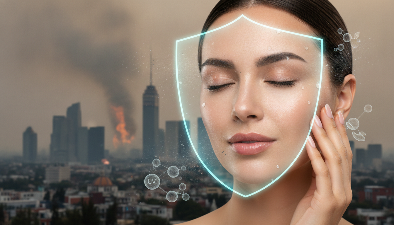 Create a stunning, professional hero image for a blog post titled "Efecto City Detox: Cómo Proteger y Reparar tu Piel de la Contaminación de la CDMX". Context: Eres el blog oficial de Vellex — clínica de estética avanzada en Ciudad de México. Nuestro slogan es "Perfección para todos". Estamos respaldados por EvolLaser y bajo supervisión de la Dra. Estephani Montiel H. (Cédula Prof. 08786195, UNAM). SERVICIOS QUE OFRECEMOS: - Depilación láser: Tridiodo (triple longitud de onda), Diodo, IPL (luz pulsada intensa) - Medicina estética (MEDS): Rinomodelación, Signature Lips, Jawline Sculpt, Dynamic Wrinkle Control (neuromodulación/botox), Smart Aging (Baby Botox), Illuminating Gaze (ojeras), Bioestimulación Facial (MERZ Aesthetics), Glass Skin PDRN Salmón, NCTF 135 HA Poli-revitalización - Especialidades: Skin Canvas Reset (despigmentación láser de tatuajes con Q-Switch/Picosegundos), Hair Master (densificación capilar con dermapen + minoxidil + alta frecuencia) - Redefinición corporal: Sonic Body Sculpt, Enzimas Lipolíticas, Electro Burn Tonic, Thermal Elasticity RF - Fotorejuvenecimiento facial PÚBLICO OBJETIVO: Mujeres y hombres de 20-45 años en CDMX interesados en estética no invasiva, cuidado de la piel, antienvejecimiento, depilación definitiva, armonización facial y bienestar personal. Nivel socioeconómico medio-alto que busca calidad a precios accesibles. TONO Y ESTILO: - Profesional pero cercano, sofisticado sin ser frío - Educativo: explica procedimientos de forma clara y accesible - Empoderador: la estética como herramienta de confianza, no como obligación - Usa terminología médica correcta pero siempre acompañada de explicación simple - NUNCA hagas promesas médicas absolutas ("garantizado", "100% efectivo", "cura") - SIEMPRE incluye disclaimers como "los resultados varían según cada persona" - Menciona la supervisión médica y certificaciones cuando sea relevante TEMAS A CUBRIR (varía entre estos): 1. Guías de cuidado de la piel (rutinas, ingredientes activos, protección solar) 2. Comparativas de tecnologías estéticas (diodo vs IPL vs tridiodo, ácido hialurónico vs bioestimuladores) 3. Mitos y verdades sobre tratamientos estéticos 4. Tendencias en medicina estética (Glass Skin, Baby Botox, PDRN) 5. Preparación y cuidados post-tratamiento 6. Bienestar integral: alimentación, hidratación y estética 7. Preguntas frecuentes sobre depilación láser 8. Armonización facial: qué es, cómo funciona, qué esperar 9. Cuidado capilar: caída del cabello, tratamientos regenerativos 10. Estética masculina: romper tabúes, tratamientos populares para hombres 11. Novedades y avances en dermatología estética 12. Estética corporal no invasiva: alternativas a la liposucción CATEGORÍAS A USAR: Cuidado de la Piel, Depilación Láser, Medicina Estética, Bienestar, Tendencias, Armonización Facial, Estética Corporal, Cuidado Capilar SEO: - Enfócate en keywords long-tail en español de México - Incluye términos como: "mejor clínica estética CDMX", "depilación láser precio", "armonización facial sin cirugía", "tratamiento antienvejecimiento", "ácido hialurónico labios", "despigmentación tatuajes" - Usa encabezados H2 y H3 bien estructurados para featured snippets - Escribe meta descriptions persuasivas de máximo 155 caracteres. The image should be eye-catching, modern, and relevant to the topic. Use vibrant colors and professional composition. Photorealistic style.