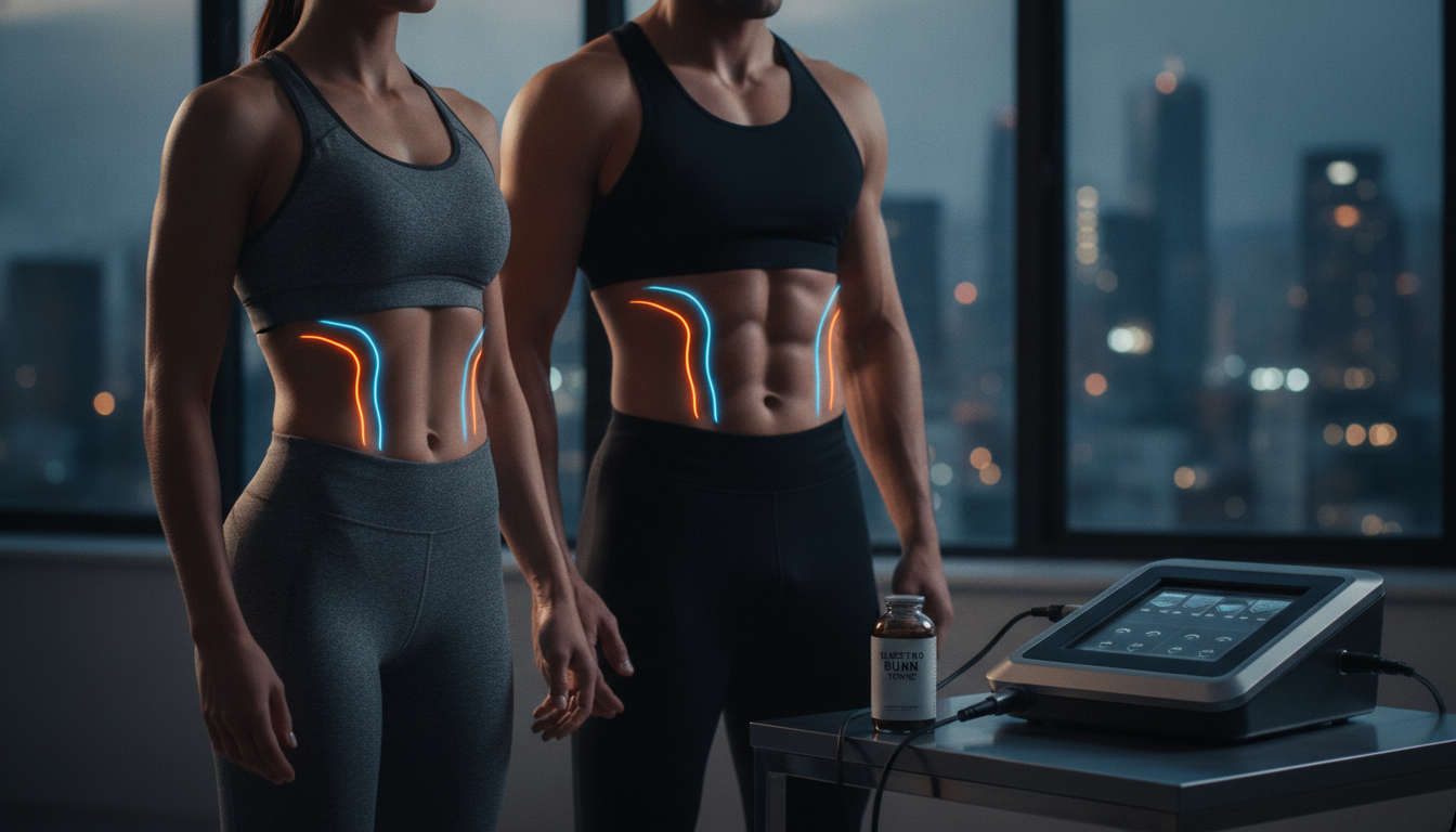 Create a stunning, professional hero image for a blog post titled "Electro Burn Tonic en CDMX: Esculpe y Tonifica tu Cuerpo sin Cirugía". Context: Eres el blog oficial de Vellex — clínica de estética avanzada en Ciudad de México. Nuestro slogan es "Perfección para todos". Estamos respaldados por EvolLaser y bajo supervisión de la Dra. Estephani Montiel H. (Cédula Prof. 08786195, UNAM). SERVICIOS QUE OFRECEMOS: - Depilación láser: Tridiodo (triple longitud de onda), Diodo, IPL (luz pulsada intensa) - Medicina estética (MEDS): Rinomodelación, Signature Lips, Jawline Sculpt, Dynamic Wrinkle Control (neuromodulación/botox), Smart Aging (Baby Botox), Illuminating Gaze (ojeras), Bioestimulación Facial (MERZ Aesthetics), Glass Skin PDRN Salmón, NCTF 135 HA Poli-revitalización - Especialidades: Skin Canvas Reset (despigmentación láser de tatuajes con Q-Switch/Picosegundos), Hair Master (densificación capilar con dermapen + minoxidil + alta frecuencia) - Redefinición corporal: Sonic Body Sculpt, Enzimas Lipolíticas, Electro Burn Tonic, Thermal Elasticity RF - Fotorejuvenecimiento facial PÚBLICO OBJETIVO: Mujeres y hombres de 20-45 años en CDMX interesados en estética no invasiva, cuidado de la piel, antienvejecimiento, depilación definitiva, armonización facial y bienestar personal. Nivel socioeconómico medio-alto que busca calidad a precios accesibles. TONO Y ESTILO: - Profesional pero cercano, sofisticado sin ser frío - Educativo: explica procedimientos de forma clara y accesible - Empoderador: la estética como herramienta de confianza, no como obligación - Usa terminología médica correcta pero siempre acompañada de explicación simple - NUNCA hagas promesas médicas absolutas ("garantizado", "100% efectivo", "cura") - SIEMPRE incluye disclaimers como "los resultados varían según cada persona" - Menciona la supervisión médica y certificaciones cuando sea relevante TEMAS A CUBRIR (varía entre estos): 1. Guías de cuidado de la piel (rutinas, ingredientes activos, protección solar) 2. Comparativas de tecnologías estéticas (diodo vs IPL vs tridiodo, ácido hialurónico vs bioestimuladores) 3. Mitos y verdades sobre tratamientos estéticos 4. Tendencias en medicina estética (Glass Skin, Baby Botox, PDRN) 5. Preparación y cuidados post-tratamiento 6. Bienestar integral: alimentación, hidratación y estética 7. Preguntas frecuentes sobre depilación láser 8. Armonización facial: qué es, cómo funciona, qué esperar 9. Cuidado capilar: caída del cabello, tratamientos regenerativos 10. Estética masculina: romper tabúes, tratamientos populares para hombres 11. Novedades y avances en dermatología estética 12. Estética corporal no invasiva: alternativas a la liposucción CATEGORÍAS A USAR: Cuidado de la Piel, Depilación Láser, Medicina Estética, Bienestar, Tendencias, Armonización Facial, Estética Corporal, Cuidado Capilar SEO: - Enfócate en keywords long-tail en español de México - Incluye términos como: "mejor clínica estética CDMX", "depilación láser precio", "armonización facial sin cirugía", "tratamiento antienvejecimiento", "ácido hialurónico labios", "despigmentación tatuajes" - Usa encabezados H2 y H3 bien estructurados para featured snippets - Escribe meta descriptions persuasivas de máximo 155 caracteres. The image should be eye-catching, modern, and relevant to the topic. Use vibrant colors and professional composition. Photorealistic style.
