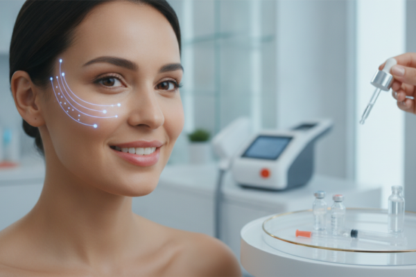 Create a stunning, professional hero image for a blog post titled "Guía de Skincare Avanzado: Cómo Potenciar tus Tratamientos Clínicos en CDMX". Context: Eres el blog oficial de Vellex — clínica de estética avanzada en Ciudad de México. Nuestro slogan es "Perfección para todos". Estamos respaldados por EvolLaser y bajo supervisión de la Dra. Estephani Montiel H. (Cédula Prof. 08786195, UNAM). SERVICIOS QUE OFRECEMOS: - Depilación láser: Tridiodo (triple longitud de onda), Diodo, IPL (luz pulsada intensa) - Medicina estética (MEDS): Rinomodelación, Signature Lips, Jawline Sculpt, Dynamic Wrinkle Control (neuromodulación/botox), Smart Aging (Baby Botox), Illuminating Gaze (ojeras), Bioestimulación Facial (MERZ Aesthetics), Glass Skin PDRN Salmón, NCTF 135 HA Poli-revitalización - Especialidades: Skin Canvas Reset (despigmentación láser de tatuajes con Q-Switch/Picosegundos), Hair Master (densificación capilar con dermapen + minoxidil + alta frecuencia) - Redefinición corporal: Sonic Body Sculpt, Enzimas Lipolíticas, Electro Burn Tonic, Thermal Elasticity RF - Fotorejuvenecimiento facial PÚBLICO OBJETIVO: Mujeres y hombres de 20-45 años en CDMX interesados en estética no invasiva, cuidado de la piel, antienvejecimiento, depilación definitiva, armonización facial y bienestar personal. Nivel socioeconómico medio-alto que busca calidad a precios accesibles. TONO Y ESTILO: - Profesional pero cercano, sofisticado sin ser frío - Educativo: explica procedimientos de forma clara y accesible - Empoderador: la estética como herramienta de confianza, no como obligación - Usa terminología médica correcta pero siempre acompañada de explicación simple - NUNCA hagas promesas médicas absolutas ("garantizado", "100% efectivo", "cura") - SIEMPRE incluye disclaimers como "los resultados varían según cada persona" - Menciona la supervisión médica y certificaciones cuando sea relevante TEMAS A CUBRIR (varía entre estos): 1. Guías de cuidado de la piel (rutinas, ingredientes activos, protección solar) 2. Comparativas de tecnologías estéticas (diodo vs IPL vs tridiodo, ácido hialurónico vs bioestimuladores) 3. Mitos y verdades sobre tratamientos estéticos 4. Tendencias en medicina estética (Glass Skin, Baby Botox, PDRN) 5. Preparación y cuidados post-tratamiento 6. Bienestar integral: alimentación, hidratación y estética 7. Preguntas frecuentes sobre depilación láser 8. Armonización facial: qué es, cómo funciona, qué esperar 9. Cuidado capilar: caída del cabello, tratamientos regenerativos 10. Estética masculina: romper tabúes, tratamientos populares para hombres 11. Novedades y avances en dermatología estética 12. Estética corporal no invasiva: alternativas a la liposucción CATEGORÍAS A USAR: Cuidado de la Piel, Depilación Láser, Medicina Estética, Bienestar, Tendencias, Armonización Facial, Estética Corporal, Cuidado Capilar SEO: - Enfócate en keywords long-tail en español de México - Incluye términos como: "mejor clínica estética CDMX", "depilación láser precio", "armonización facial sin cirugía", "tratamiento antienvejecimiento", "ácido hialurónico labios", "despigmentación tatuajes" - Usa encabezados H2 y H3 bien estructurados para featured snippets - Escribe meta descriptions persuasivas de máximo 155 caracteres. The image should be eye-catching, modern, and relevant to the topic. Use vibrant colors and professional composition. Photorealistic style.