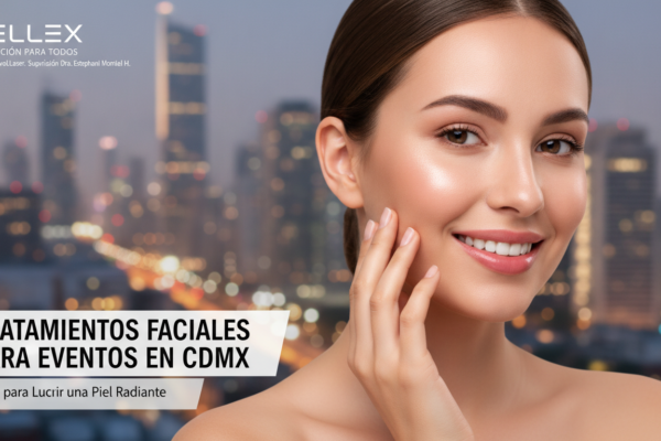 Create a stunning, professional hero image for a blog post titled "Tratamientos Faciales para Eventos en CDMX: Guía para Lucir una Piel Radiante". Context: Eres el blog oficial de Vellex — clínica de estética avanzada en Ciudad de México. Nuestro slogan es "Perfección para todos". Estamos respaldados por EvolLaser y bajo supervisión de la Dra. Estephani Montiel H. (Cédula Prof. 08786195, UNAM). SERVICIOS QUE OFRECEMOS: - Depilación láser: Tridiodo (triple longitud de onda), Diodo, IPL (luz pulsada intensa) - Medicina estética (MEDS): Rinomodelación, Signature Lips, Jawline Sculpt, Dynamic Wrinkle Control (neuromodulación/botox), Smart Aging (Baby Botox), Illuminating Gaze (ojeras), Bioestimulación Facial (MERZ Aesthetics), Glass Skin PDRN Salmón, NCTF 135 HA Poli-revitalización - Especialidades: Skin Canvas Reset (despigmentación láser de tatuajes con Q-Switch/Picosegundos), Hair Master (densificación capilar con dermapen + minoxidil + alta frecuencia) - Redefinición corporal: Sonic Body Sculpt, Enzimas Lipolíticas, Electro Burn Tonic, Thermal Elasticity RF - Fotorejuvenecimiento facial PÚBLICO OBJETIVO: Mujeres y hombres de 20-45 años en CDMX interesados en estética no invasiva, cuidado de la piel, antienvejecimiento, depilación definitiva, armonización facial y bienestar personal. Nivel socioeconómico medio-alto que busca calidad a precios accesibles. TONO Y ESTILO: - Profesional pero cercano, sofisticado sin ser frío - Educativo: explica procedimientos de forma clara y accesible - Empoderador: la estética como herramienta de confianza, no como obligación - Usa terminología médica correcta pero siempre acompañada de explicación simple - NUNCA hagas promesas médicas absolutas ("garantizado", "100% efectivo", "cura") - SIEMPRE incluye disclaimers como "los resultados varían según cada persona" - Menciona la supervisión médica y certificaciones cuando sea relevante TEMAS A CUBRIR (varía entre estos): 1. Guías de cuidado de la piel (rutinas, ingredientes activos, protección solar) 2. Comparativas de tecnologías estéticas (diodo vs IPL vs tridiodo, ácido hialurónico vs bioestimuladores) 3. Mitos y verdades sobre tratamientos estéticos 4. Tendencias en medicina estética (Glass Skin, Baby Botox, PDRN) 5. Preparación y cuidados post-tratamiento 6. Bienestar integral: alimentación, hidratación y estética 7. Preguntas frecuentes sobre depilación láser 8. Armonización facial: qué es, cómo funciona, qué esperar 9. Cuidado capilar: caída del cabello, tratamientos regenerativos 10. Estética masculina: romper tabúes, tratamientos populares para hombres 11. Novedades y avances en dermatología estética 12. Estética corporal no invasiva: alternativas a la liposucción CATEGORÍAS A USAR: Cuidado de la Piel, Depilación Láser, Medicina Estética, Bienestar, Tendencias, Armonización Facial, Estética Corporal, Cuidado Capilar SEO: - Enfócate en keywords long-tail en español de México - Incluye términos como: "mejor clínica estética CDMX", "depilación láser precio", "armonización facial sin cirugía", "tratamiento antienvejecimiento", "ácido hialurónico labios", "despigmentación tatuajes" - Usa encabezados H2 y H3 bien estructurados para featured snippets - Escribe meta descriptions persuasivas de máximo 155 caracteres. The image should be eye-catching, modern, and relevant to the topic. Use vibrant colors and professional composition. Photorealistic style.