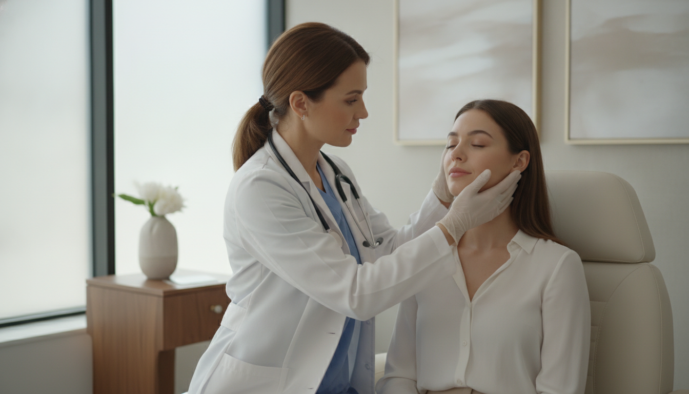 A professional female doctor wearing a white coat and stethoscope, gently examining a patient's facial symmetry in a luxurious clinical room with soft natural lighting.