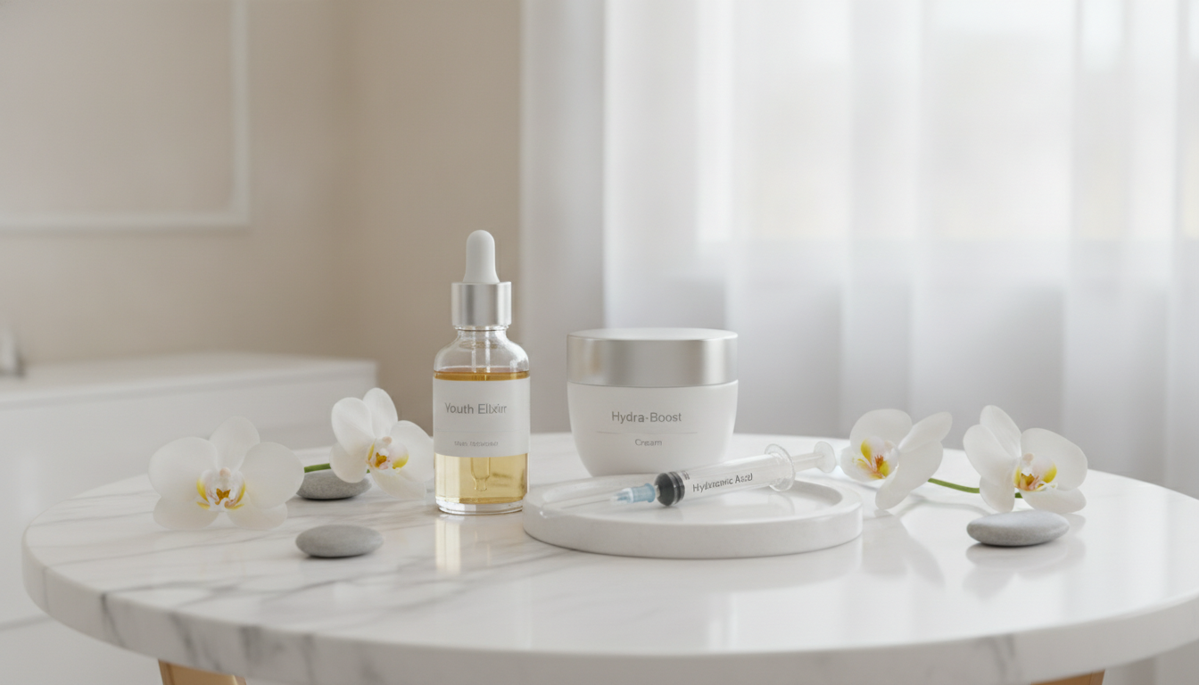 A clean, minimalist composition of elegant skincare products, a syringe with hyaluronic acid, and white orchids on a marble table in a high-end medical spa.
